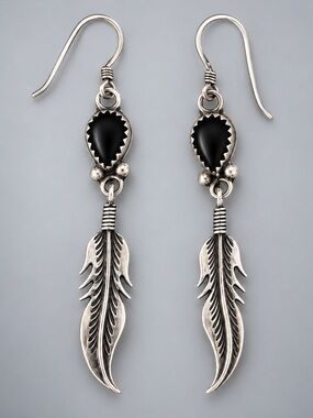 Vintage Southwestern Sterling Silver Onyx Dangle Feather Earrings